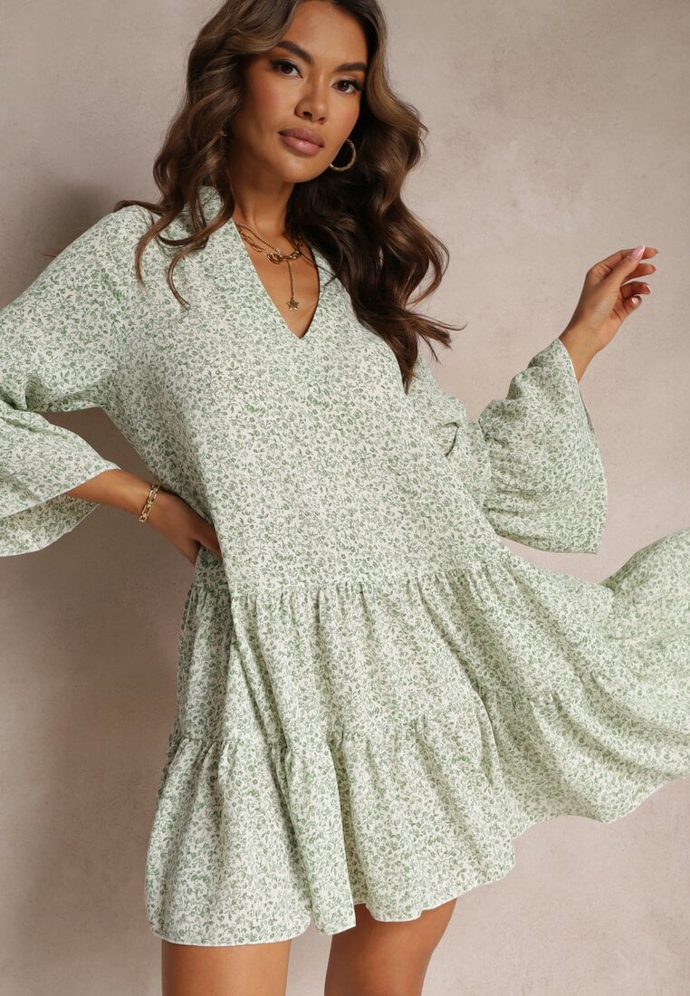 Rochie Evazată Verde Mini cu Volane Durila