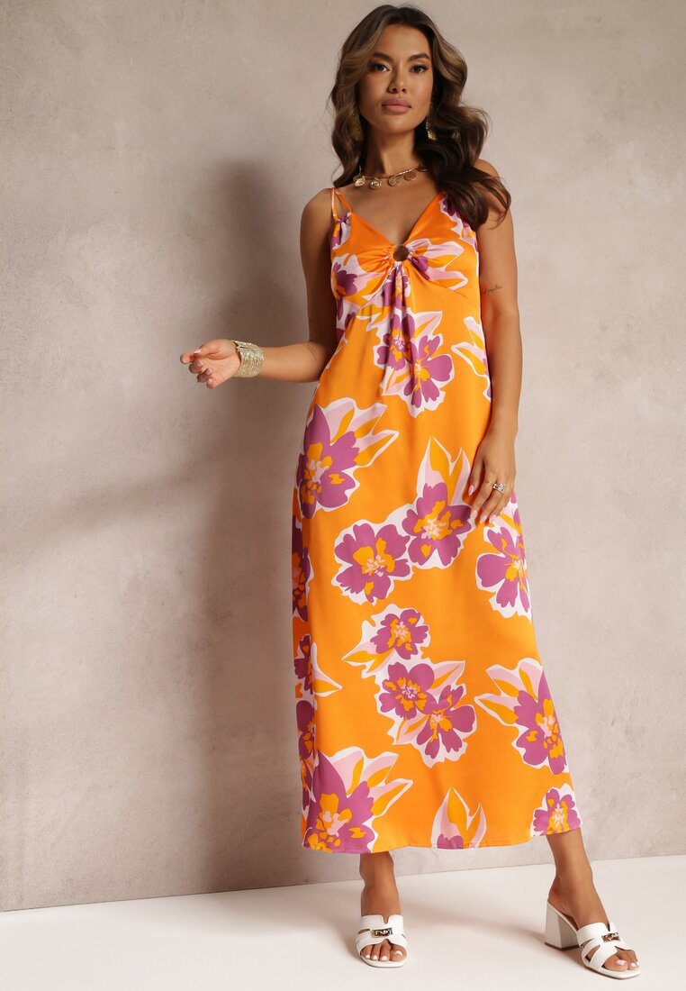 Rochie Maxi de satin Portocalie cu flori cu aplicații la decolteu Benna