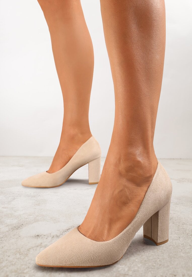 Pantofi eleganți bej cu design clasic din imitație de piele întoarsă cu toc bloc Braila