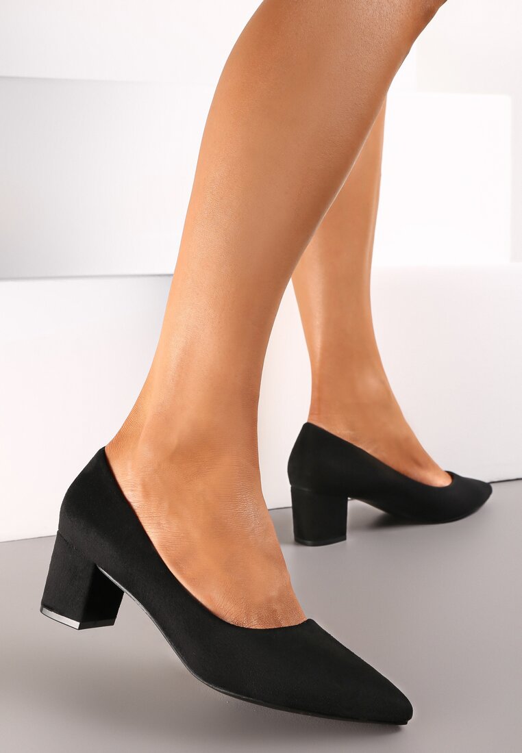 Pantofi cu toc negri din imitație de piele întoarsă cu toc gros cu vârf ascuțit Lvia