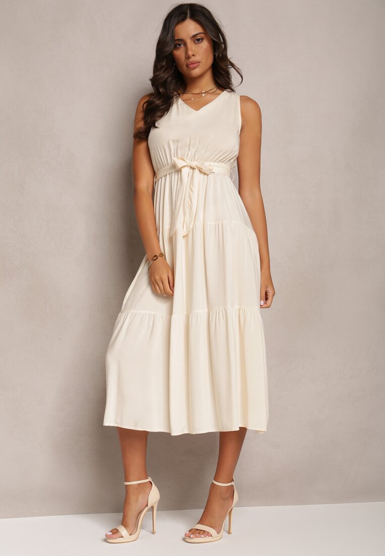 Rochie Bej Din Viscoză Midi cu elastic în talie și curea din material textil Bicuh