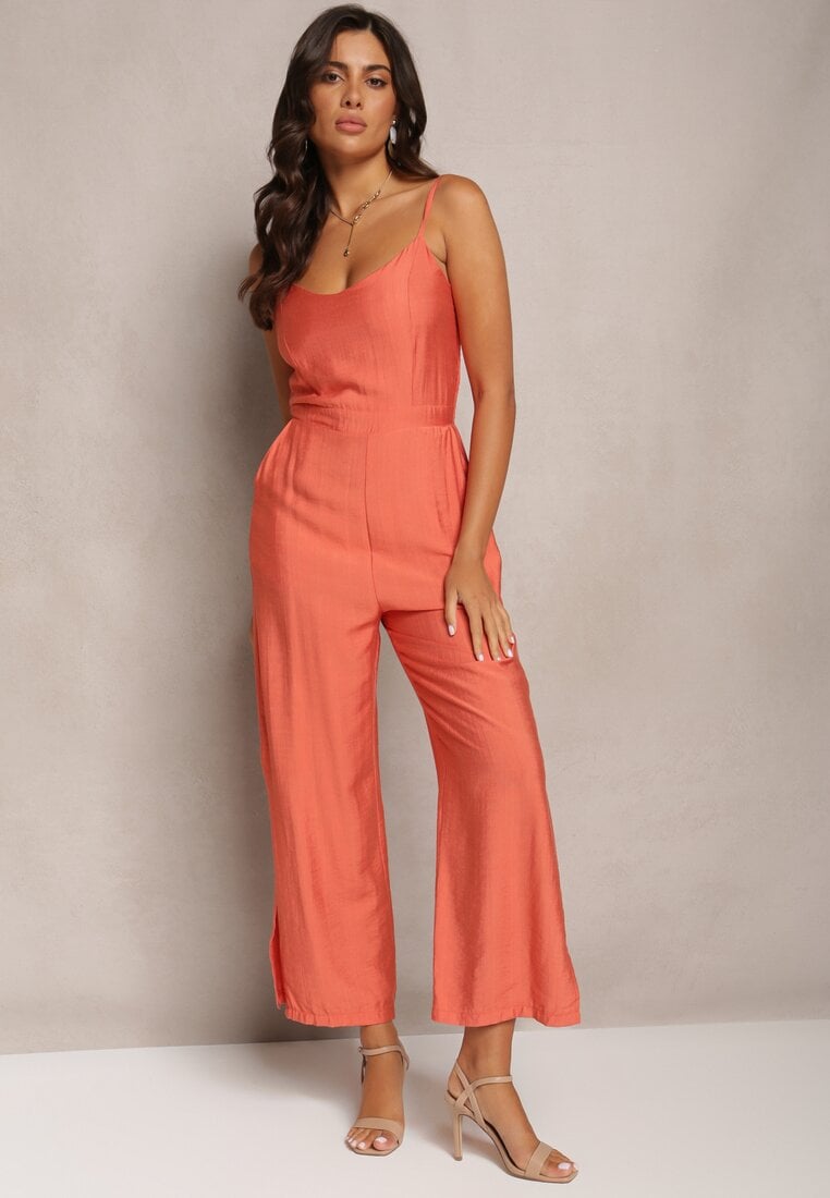 Salopetă lungă portocalie cu picioare largi cu bretele subțiri Jemanne