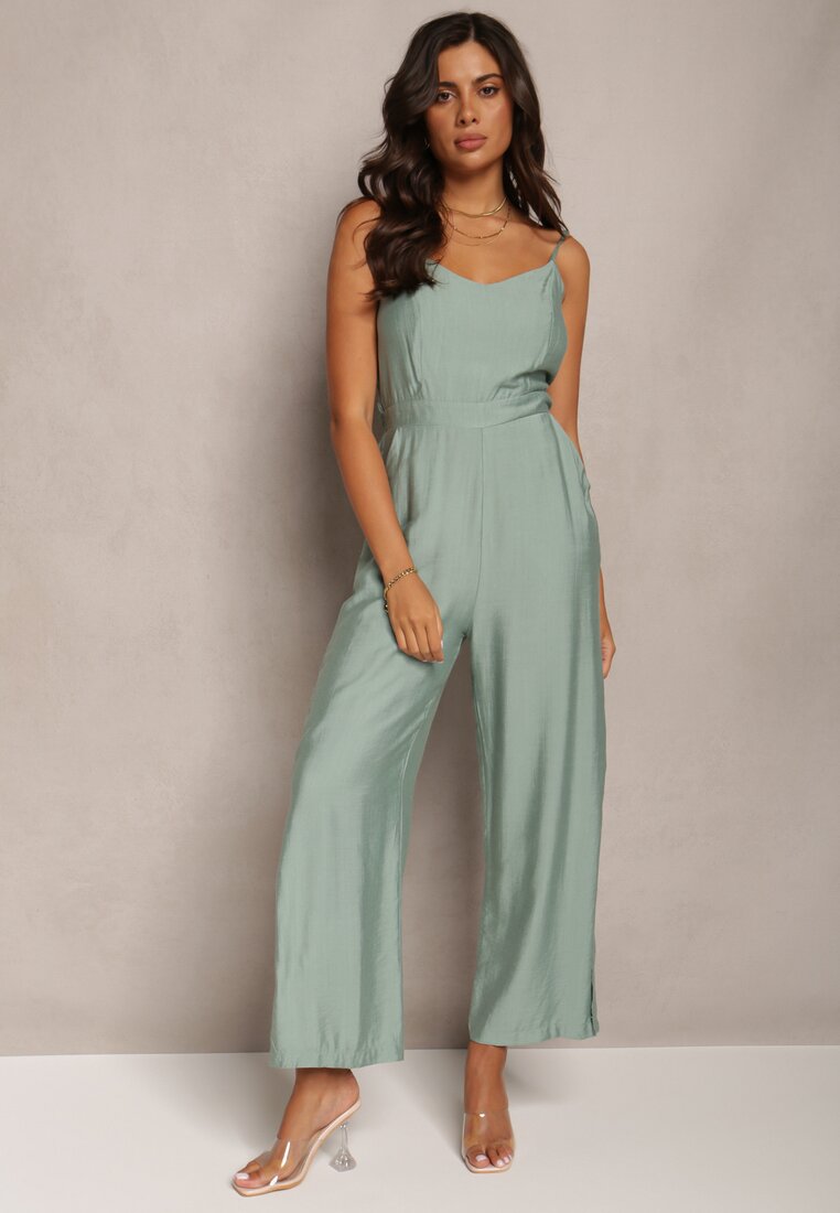Kombinezon Lung Verde cu Picioare Lărgi pe Bretele Subțiri Jemanne