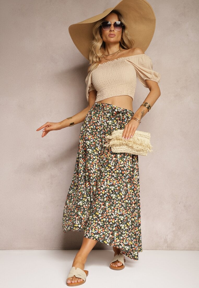 Fustă Negru-Galben din viscoză evazată închisă cu nasturi cu cordon din material Oheva