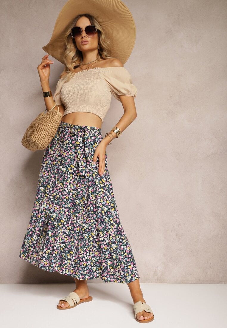 Fustă Bleumarin-Galbenă din Viscoză Cloș Cu nasturi Cu centură din material Oheva