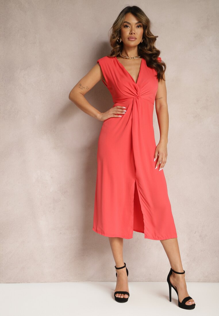 Rochie Midi Roșie cu croială evazată, cu nod decorativ și șliț Zanondia