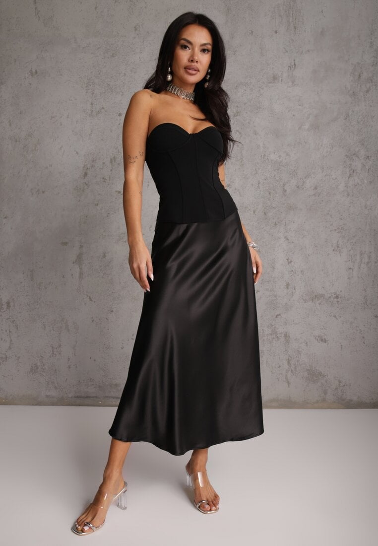 Fustă Neagră Midi Cloș De satin cu elastic în talie și fermoar Leose