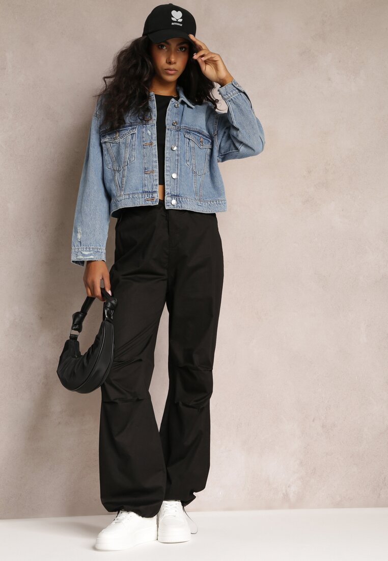 Pantaloni Negri Larghi cu opritoare și Talie încrețită Nirli