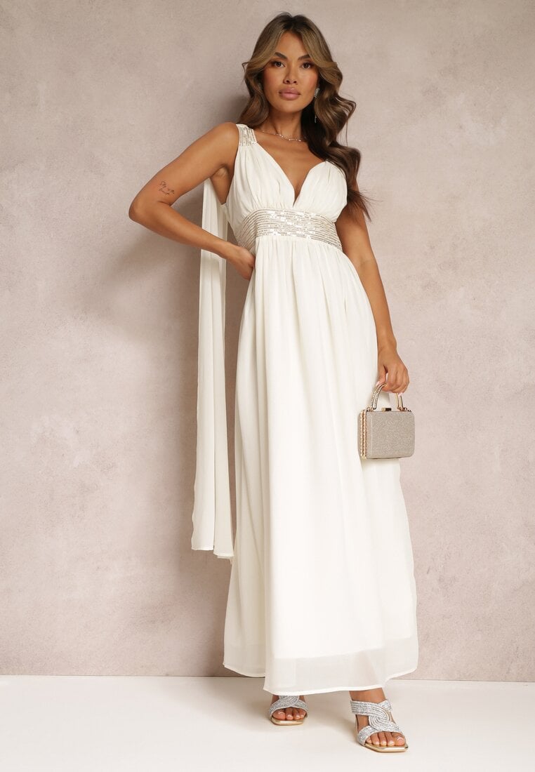 Rochie Maxi Bej Evazată Decorată cu Paiete cu Bretele Late Nedilva