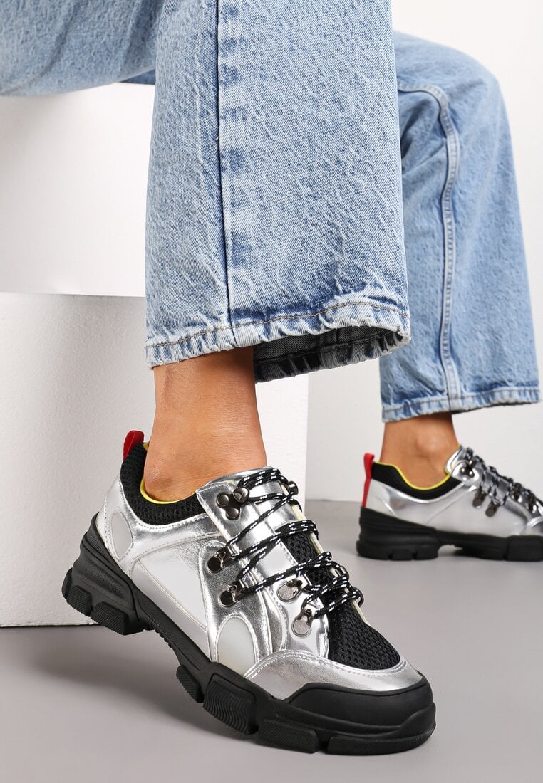 Adidași cu șireturi Argintii cu talpă plată cu inserții metalice și zirconii Ciedra