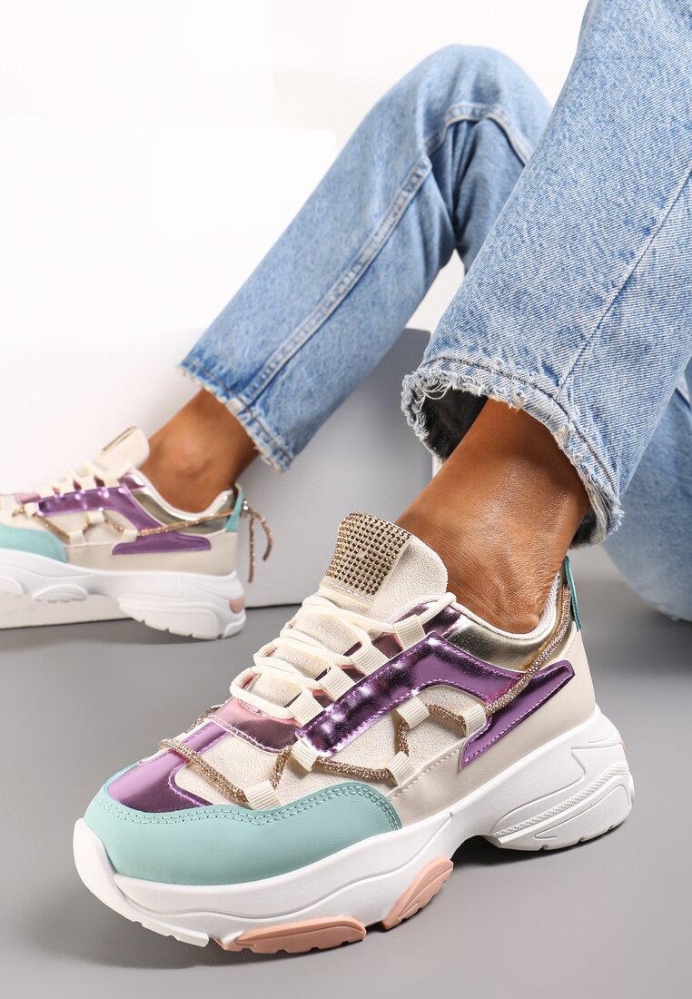 Sneakers Bej-violet Decorați cu șnur cu zirconii Nathanias