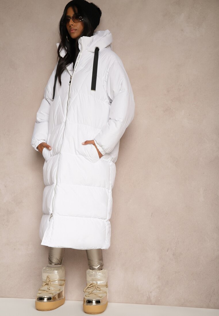 Geacă Albă Lungă Matlasată cu Glugă Serea