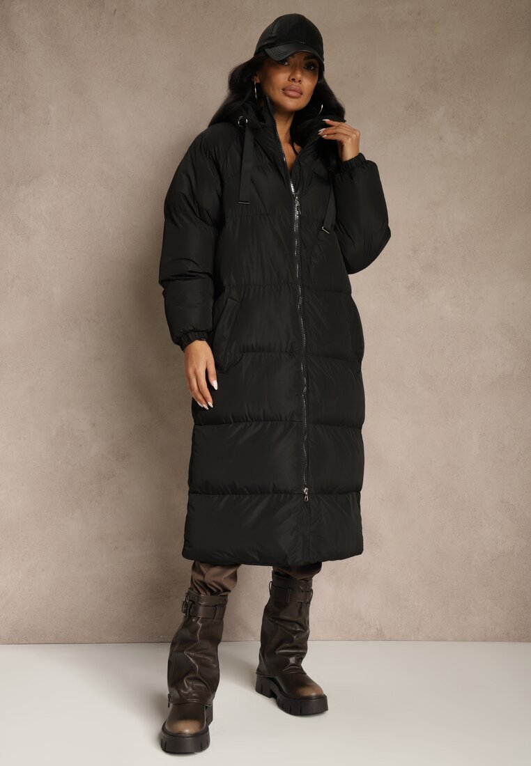 Geacă Neagră Lungă Matlasată cu Glugă Serea