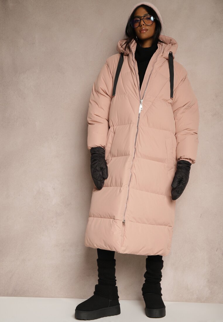 Lungă Geacă Roz Matlasată Palton cu Glugă Serea
