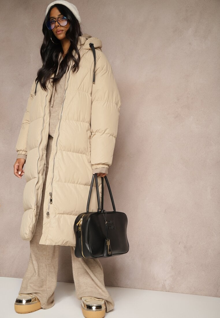 Geacă Lungă Matlasată cu Glugă Bej Serea