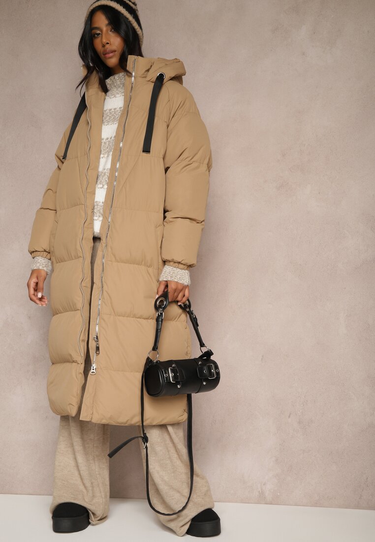 Palton Lung Matlasat Bej închis cu Glugă Serea