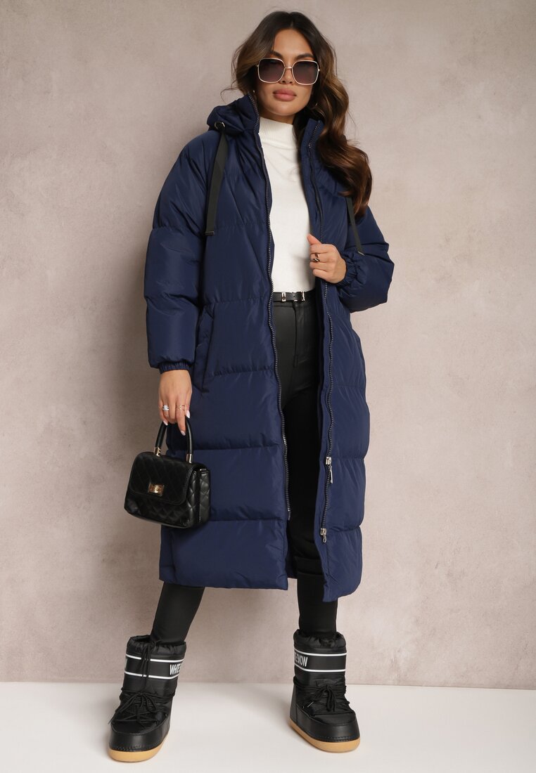 Palton lung matlasat bleu-marin cu glugă Serea