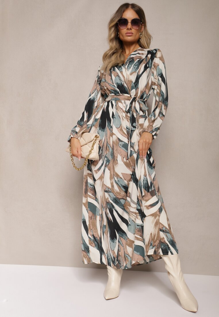 Rochie Cloș Maxi Bej-Verde cu elastic în talie Montaga