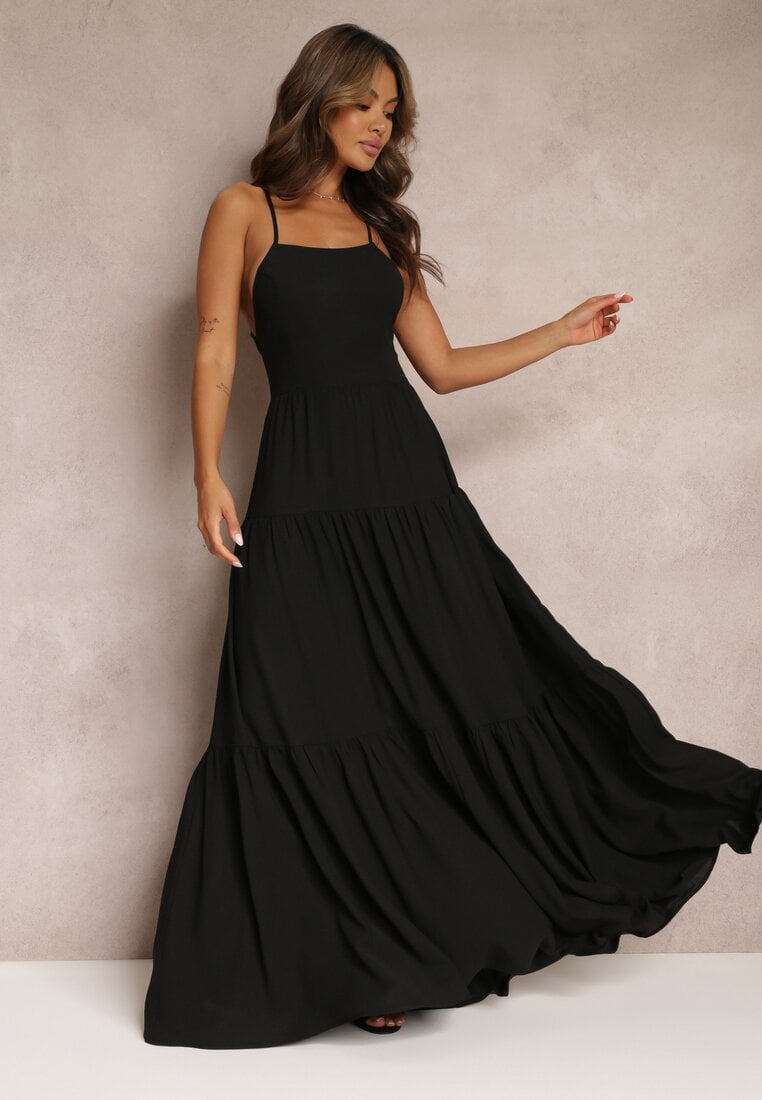 Rochie Neagră Evazată Maxi cu Volane și Legătură la Spate Karins