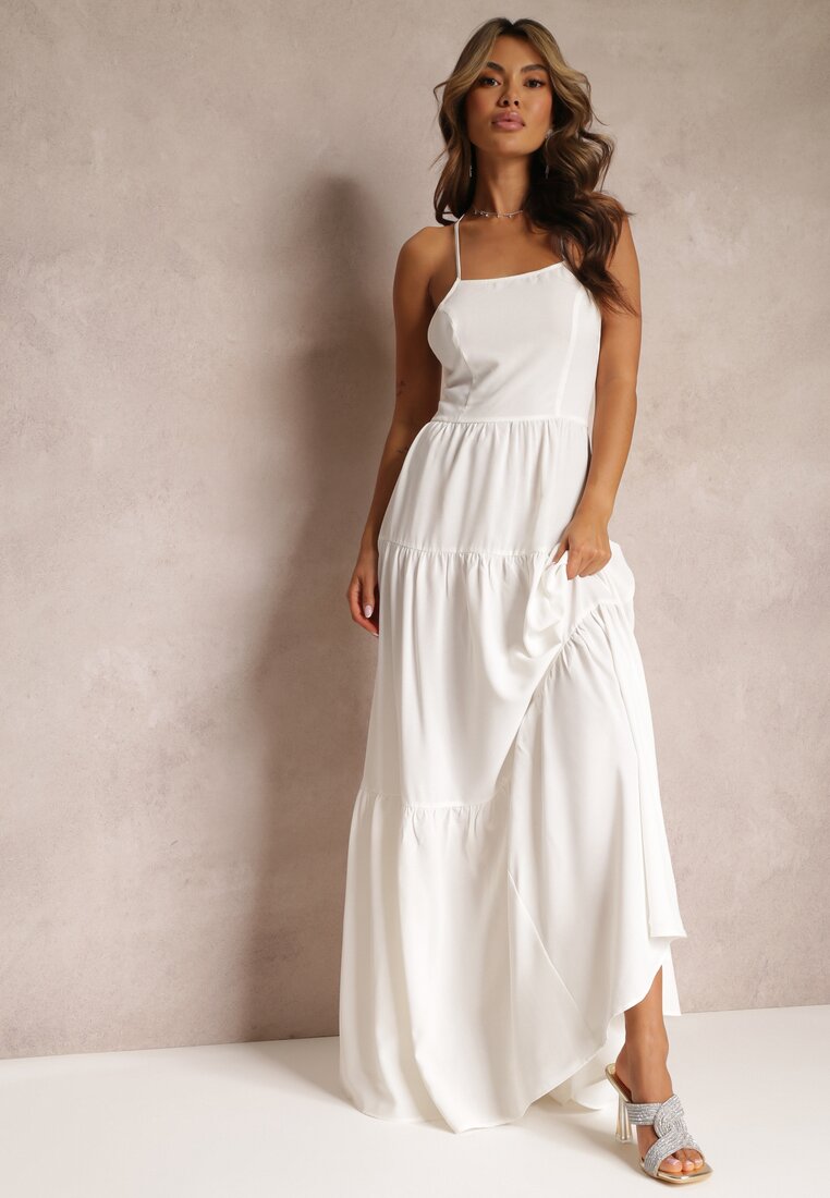 Rochie Albă Cloș Maxi cu Volane și Legătură la Spate Karins
