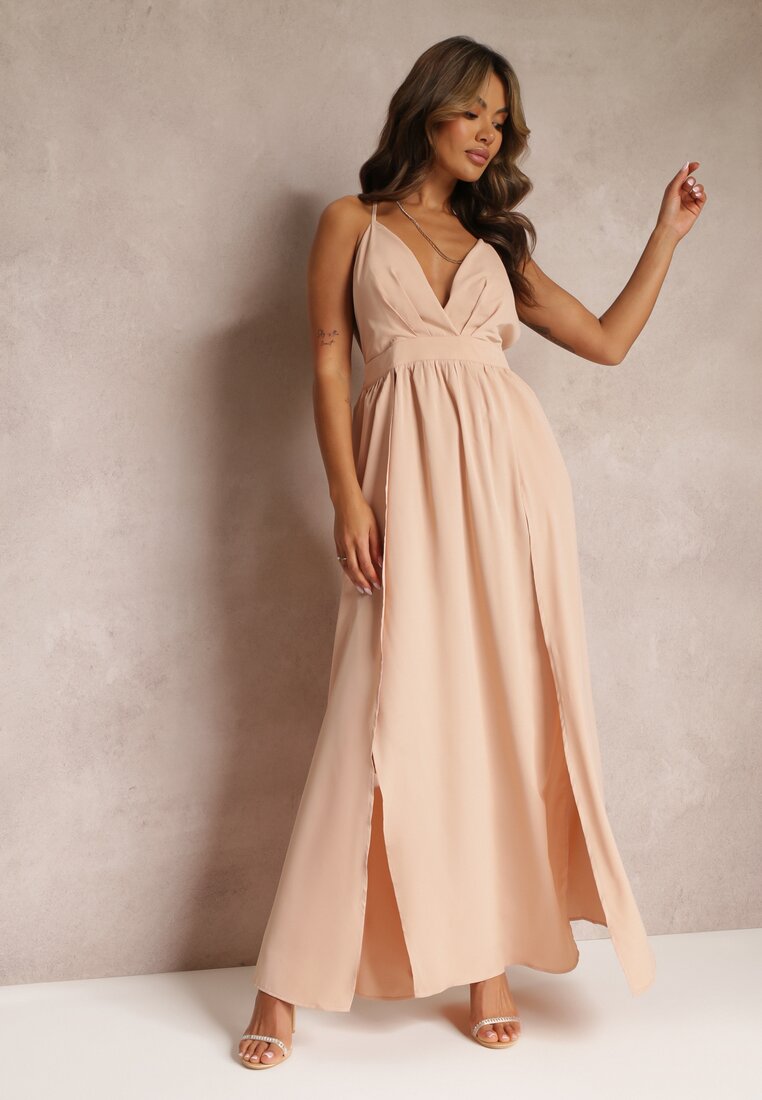 Rochie Evazată Bej Maxi cu bretele cu decolteu triunghiular Claudi