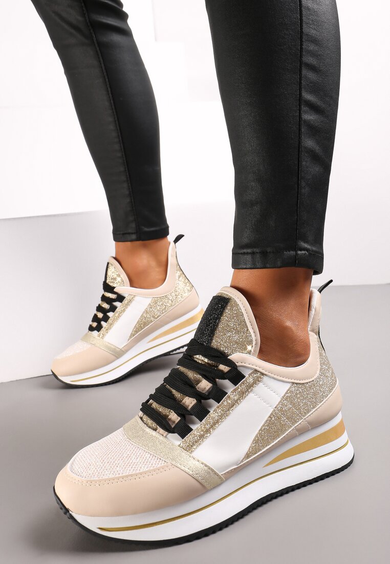 Adidași Bej Plati pe Talpă Groasă cu Șireturi Decorați cu Sclipici Krisfina