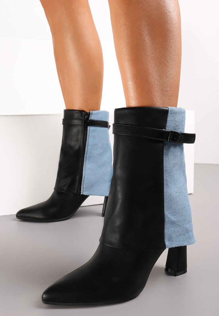 Botine Negre cu toc gros din piele ecologică și denim Acenda