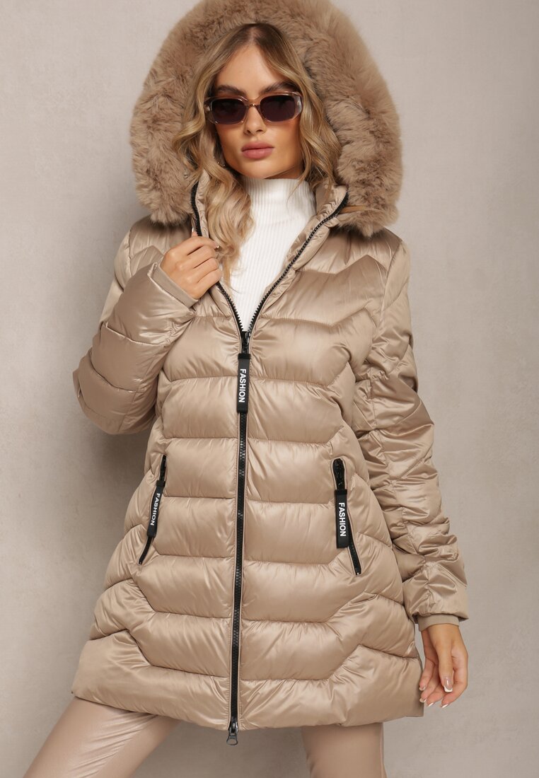 Jachetă bej cu buzunare și glugă ornată cu blană artificială Danann