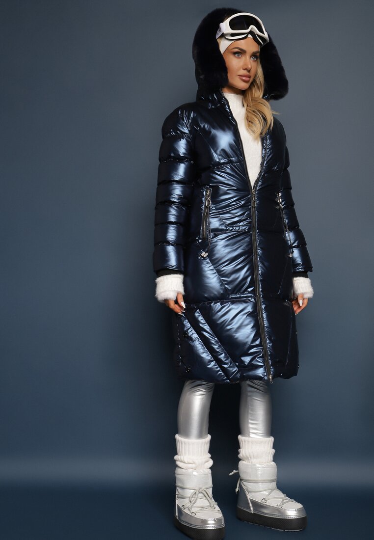 Geacă Bleumarin Matlasată cu blană și glugă Asmina