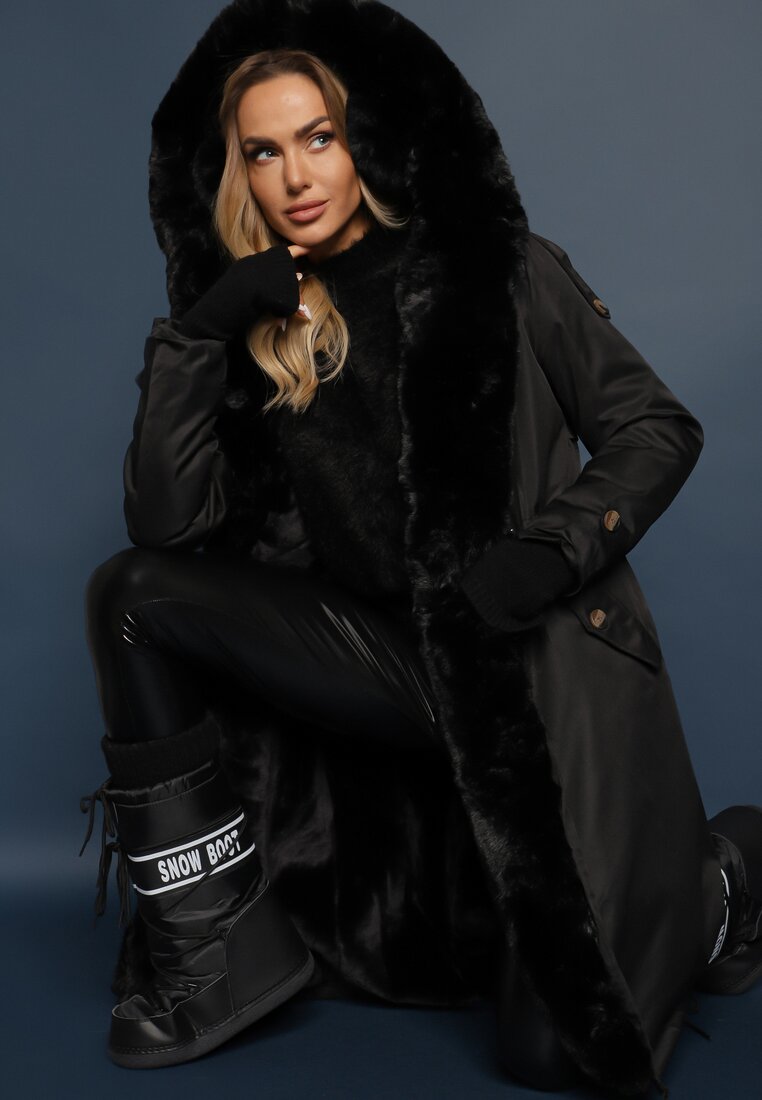 Geacă Parka Neagră Lungă de nailon tip palton cu inserții de blană Rinale