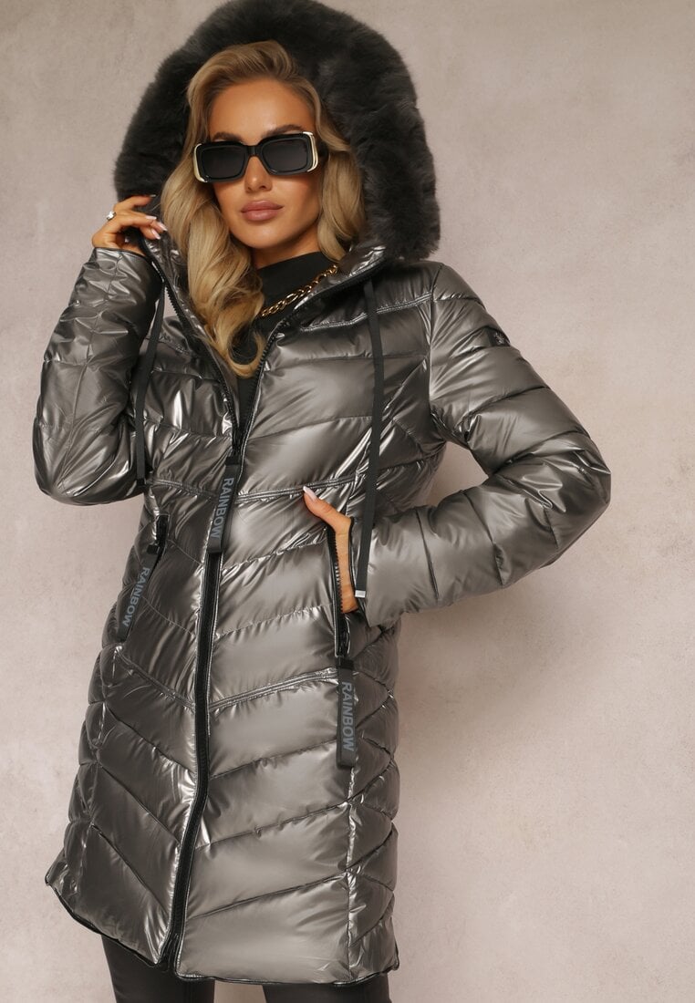 Jachetă Argintie Izolată termic Matlasată cu glugă și guler din blană Varella