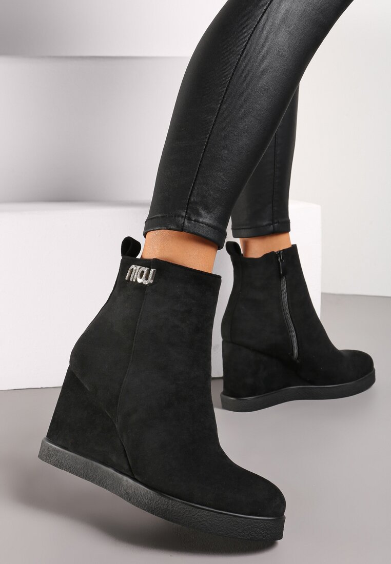 Botine Negre decorate cu zirconii pe toc pană Calgrana