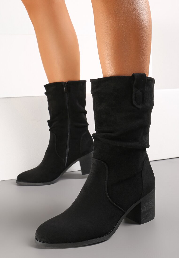 Botine Negre stil cowboy cu carâmb încrețit peste gleznă Alfzara