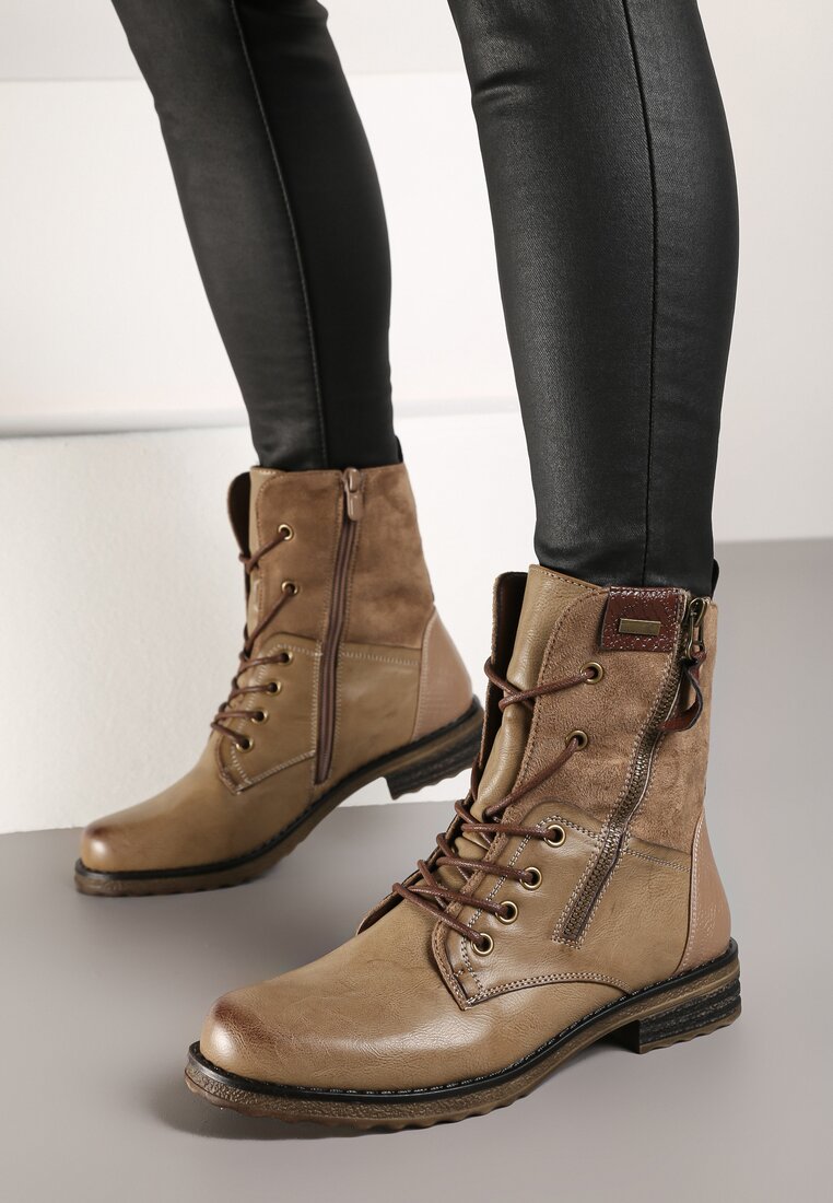 Botine Bej închis Cu șireturi cu fermoar Hiyab