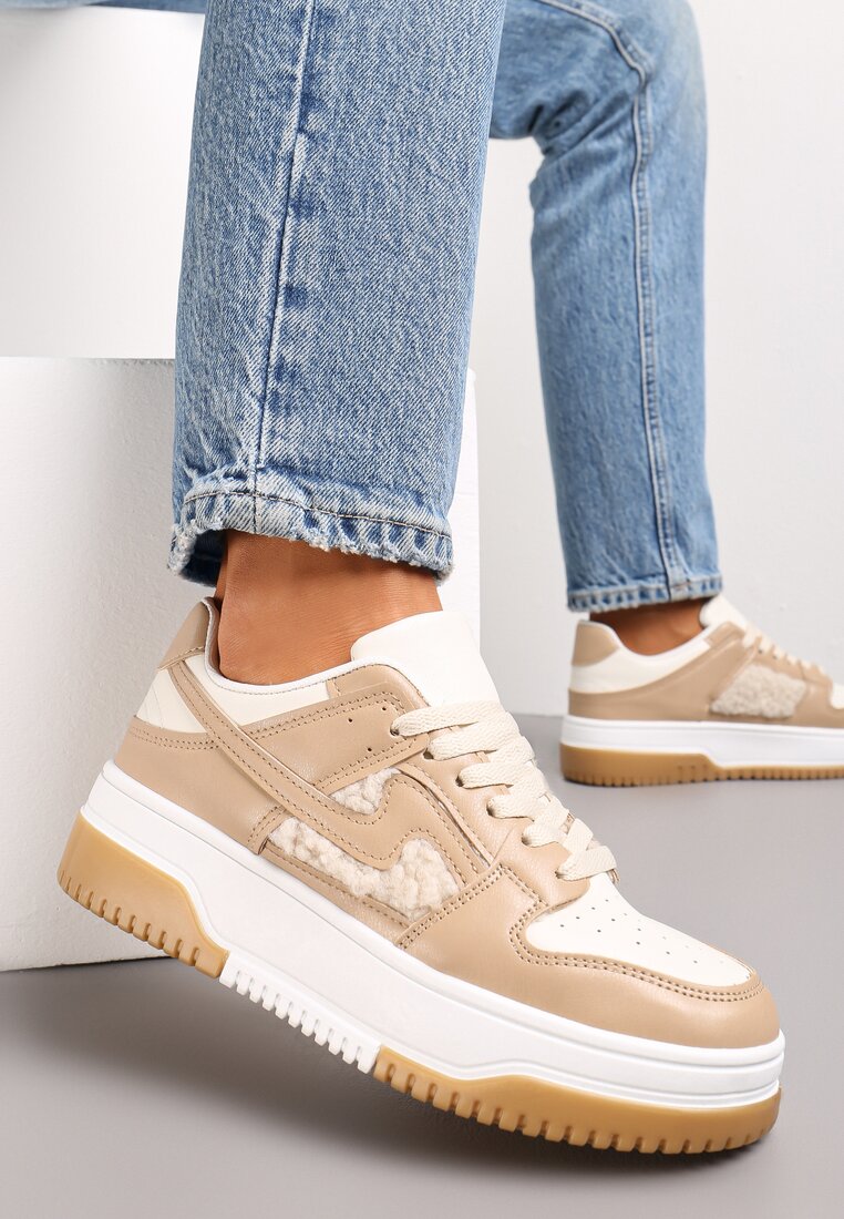 Adidași Bej închis din imitație de piele cu inserții de blană Vaelisa