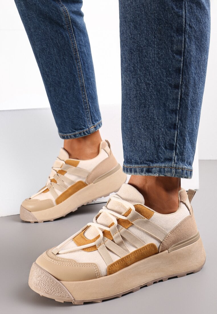 Adidași bej închis cu șireturi plați cu inserții colorate din piele ecologică Wonise