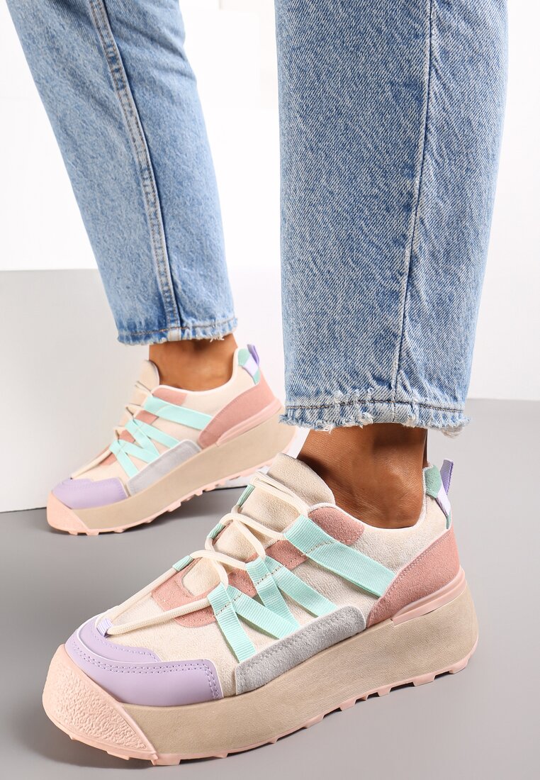 Adidași Bej-Violet Șireturati Plati Cu inserții colorate Din piele ecologică Wonise