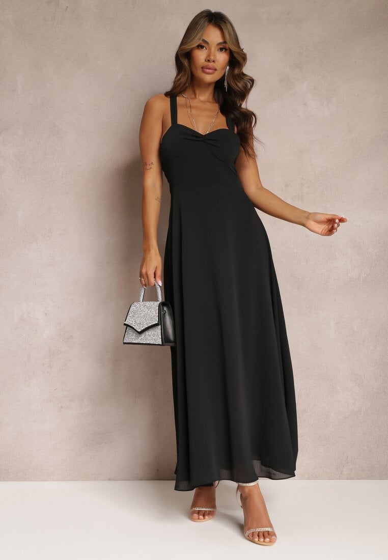 Rochie Closh Neagră de Cocktail Legată la Spate Malori