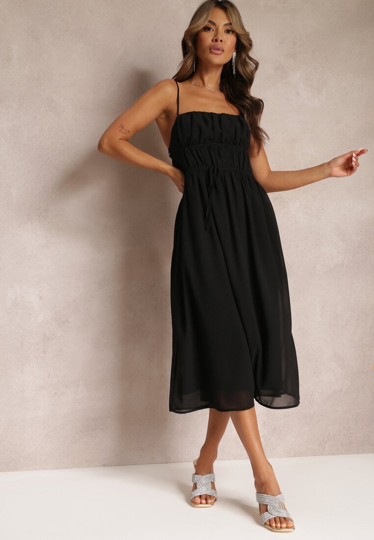 Rochie Neagră cu croială evazată cu bretele cu legătură Lunarea