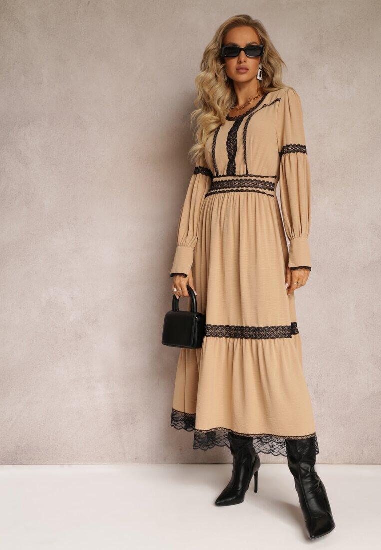 Rochie Maxi Bej cu croi evazat, cu dantelă decorativă și manșete Kante