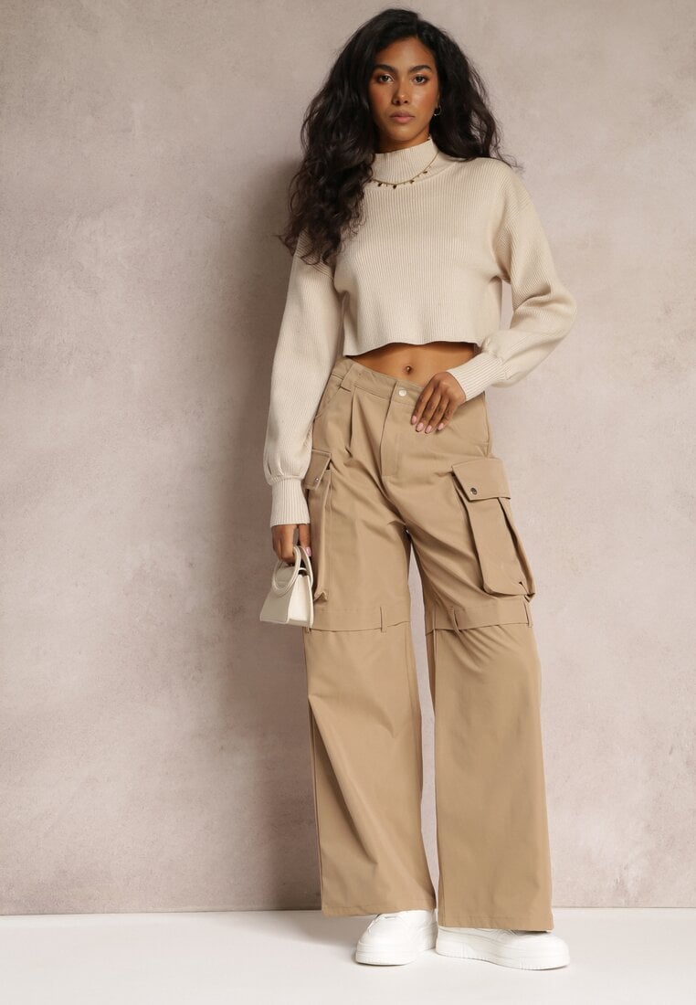 Pantaloni Bej Largi High Waist stil cargo Vomisal
