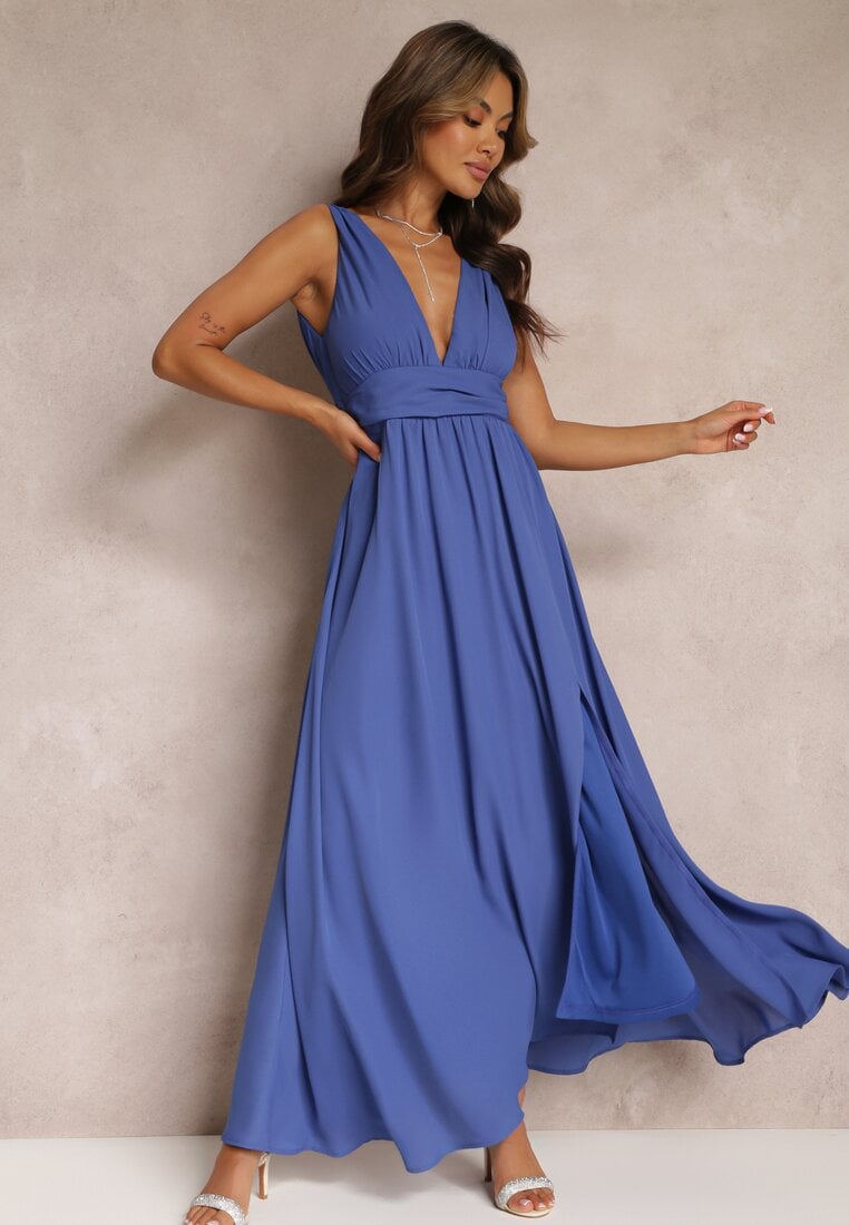 Rochie Cloș Albastră Maxi cu Bretele cu Șliț Ernames