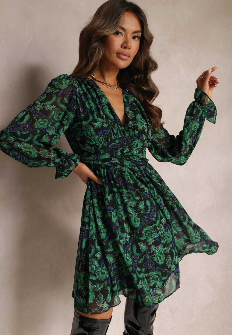 Rochie Mini Verde-Negru cu Decolteu Petrecut Elandra