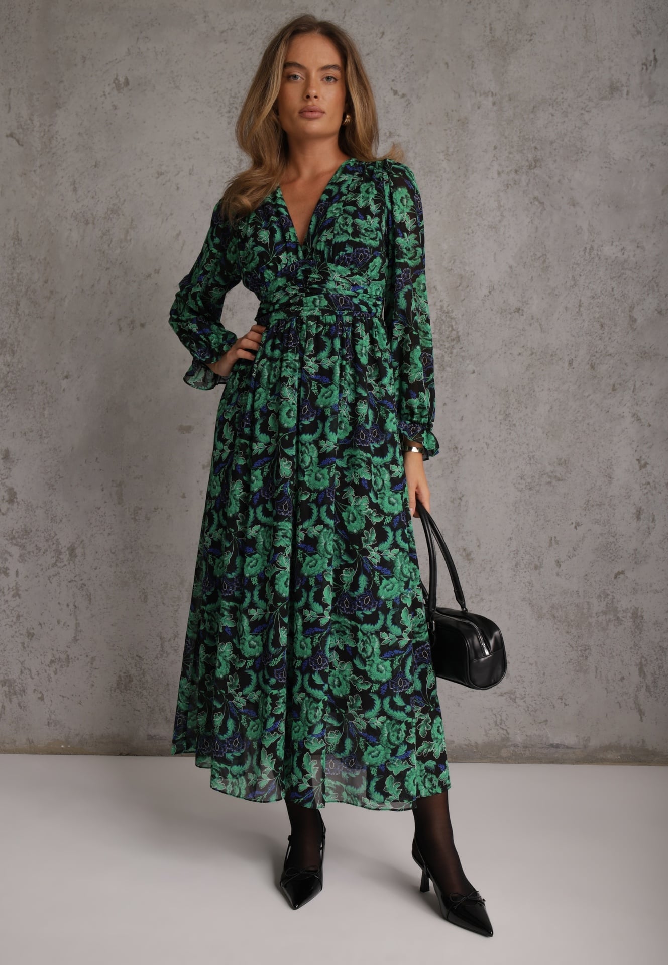 Rochie Maxi Verde-Neagră cu Decolteu Plic cu Imprimeu la Modă Ceconna