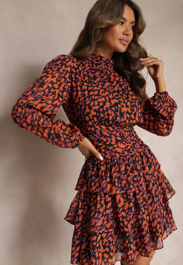 Rochie Mini Portocalie cu Fason Cloș Decorată cu Sclipici Giannes