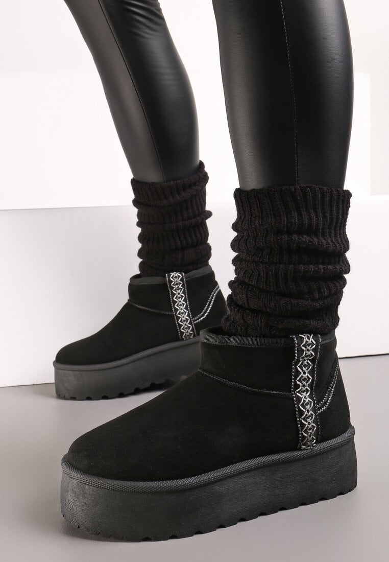 Cizme de zăpadă negre slip-on cu curea decorativă și talpă groasă Veonli