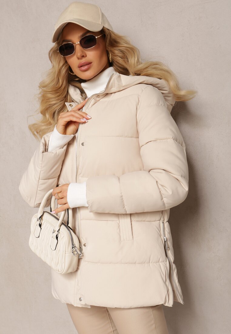 Geacă Matlasată Bej deschis cu Buzunare Laterale și Glugă Fixă Teoga