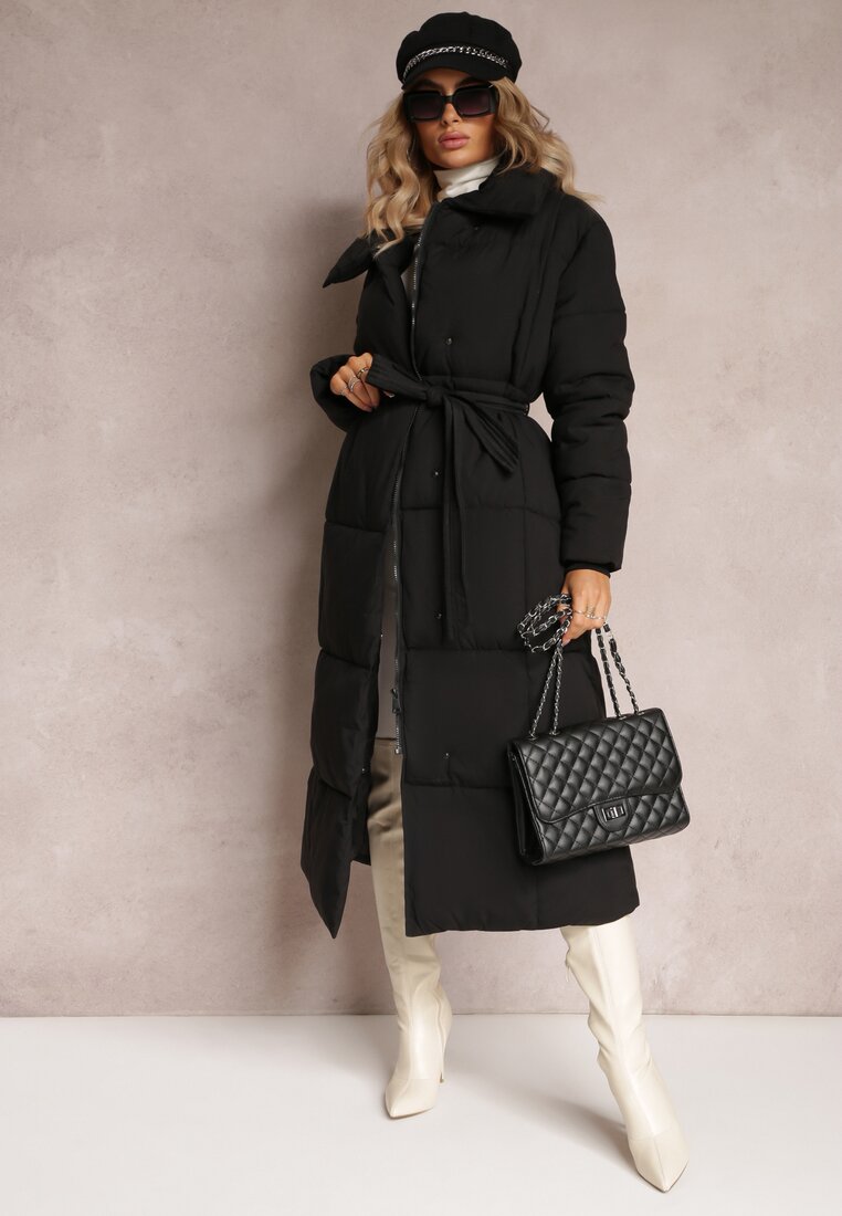 Geacă tip palton matlasată neagră lungă cu centură Adellesstta
