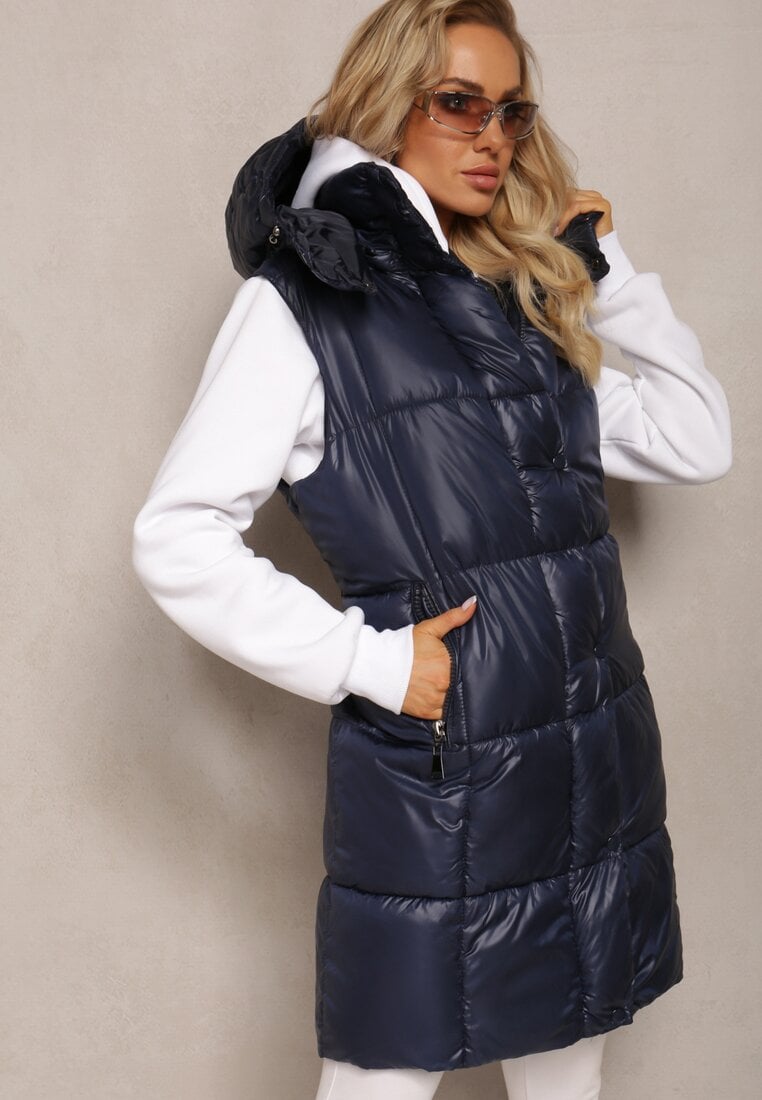 Vestă Bleumarin Matlasată cu Buzunare cu Fermoar și Glugă Detașabilă Cianefela