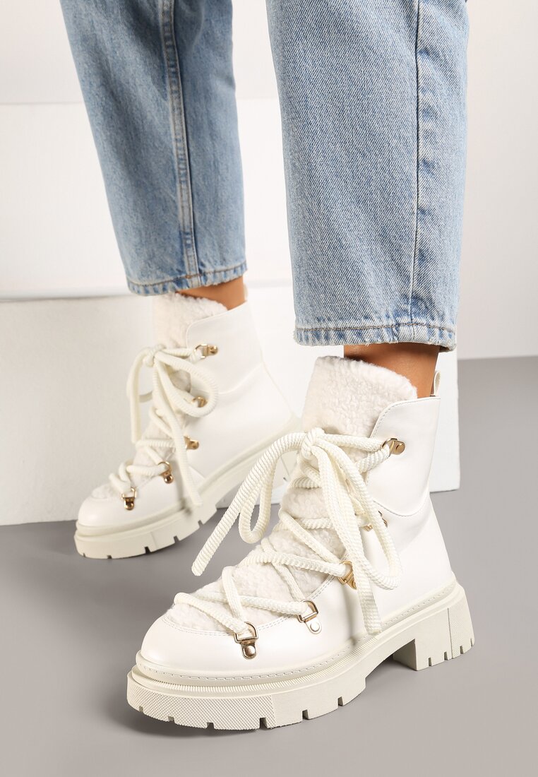 Ghete Albe cu șireturi decorate cu blană Sidonnie